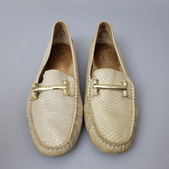Lauren Ralph Lauren Loafers 10 Caliana Leather Gold Snake Embossed Driving - Picture 5 of 16